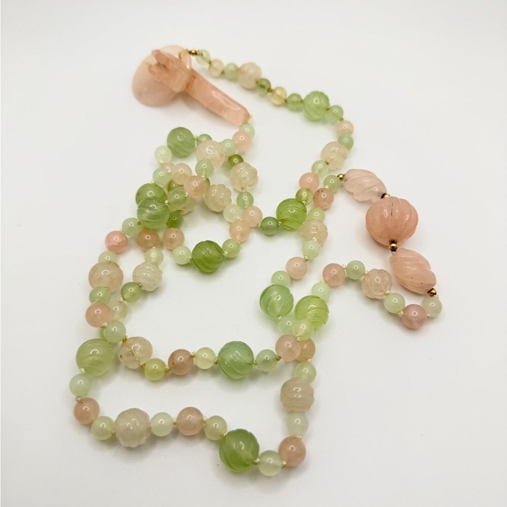40" of Chinese inspired carved possible jade and Rose‎ quartz beaded necklace!